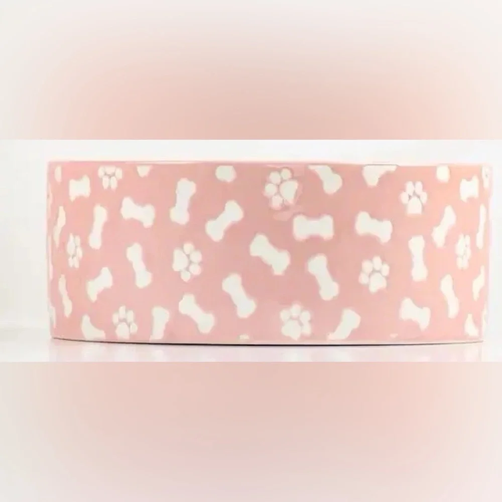 Pink Dog Bowl with Bone and Paw Print Design